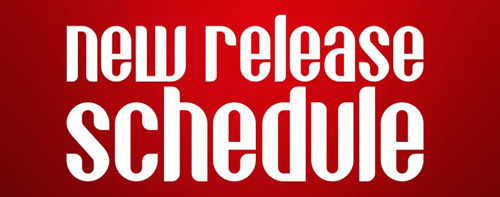 new release schedule in white text on a red background.