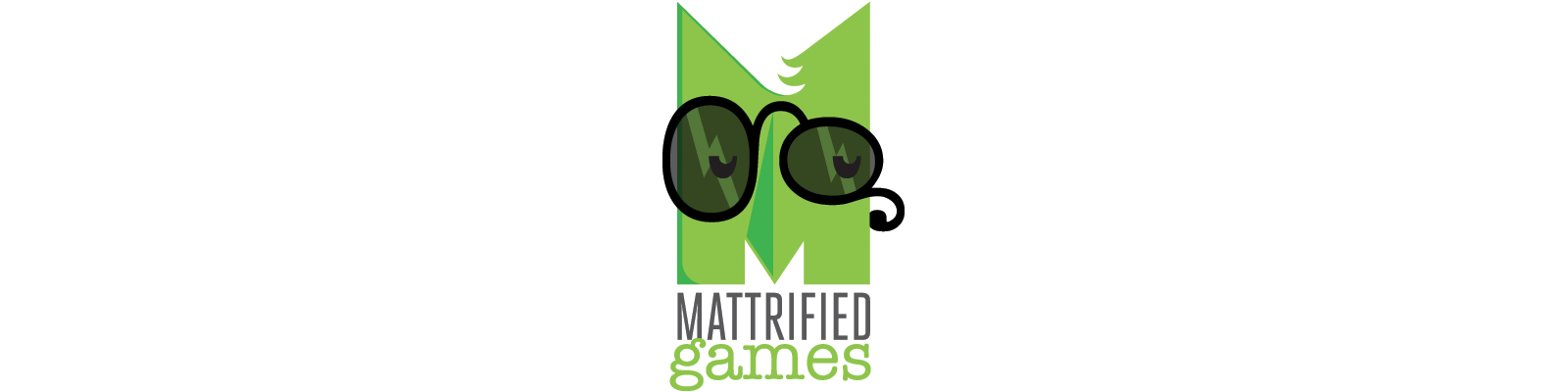 Mattrified Games Logo, a green letter M with black sunglasses looking slightly unamused.